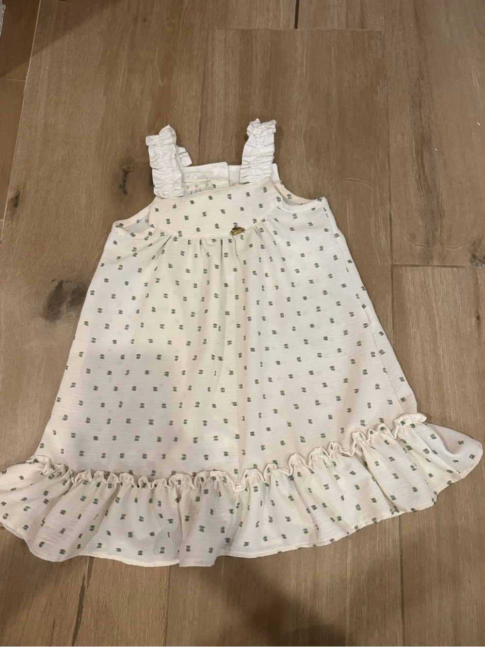 Cielito Beige Dress with Green embroidered dots